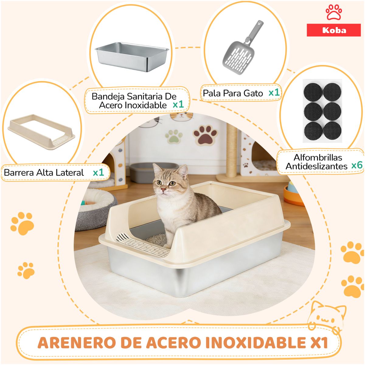 KOBA - Arenero Gatos Grande Baño Sanitario Acero Inoxidable Con Pala Café