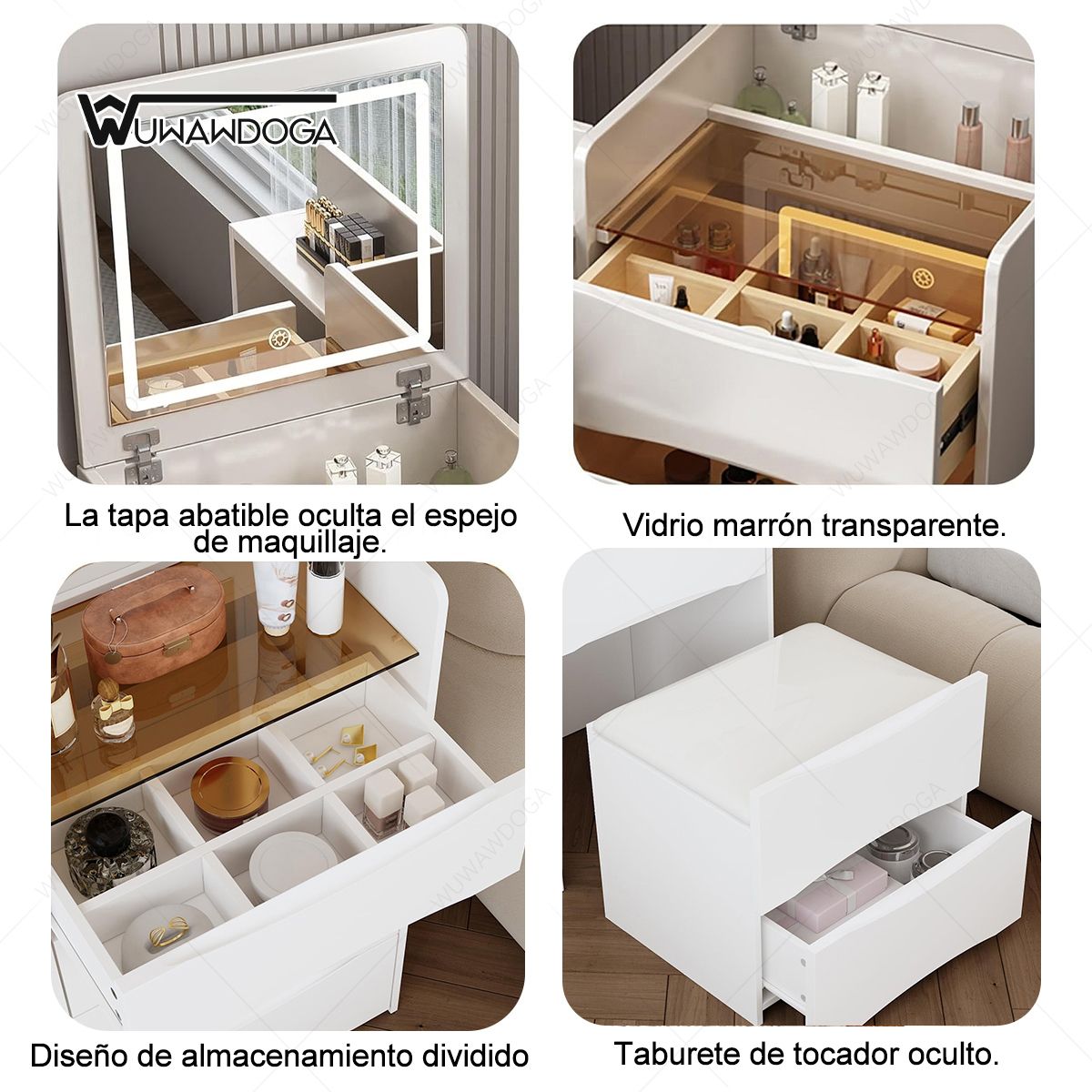 UENMI - Mesa De Maquillaje Con Espejo Y Luz Y Taburete Oculto 60cm