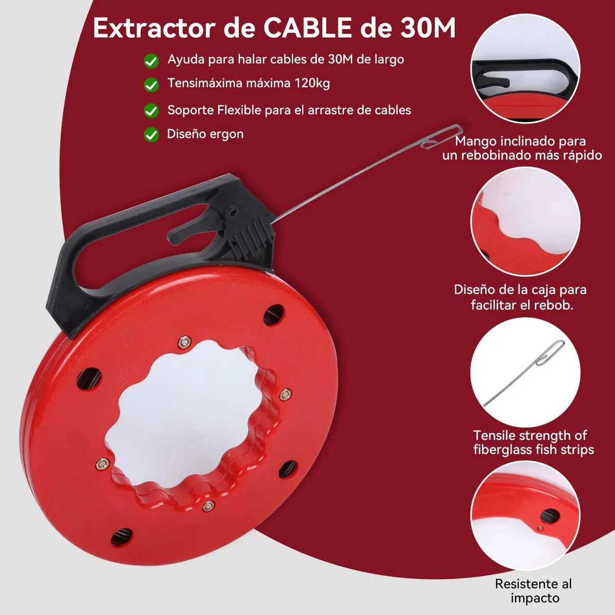KUANGYE - Laucha De Acero Con Carrete Pasacables 30 Mts × 3mm