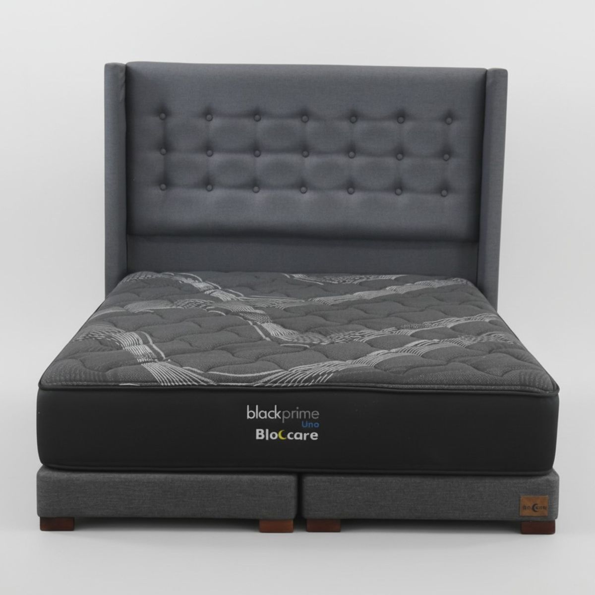 BLOCCARE - Cama 2 Plaza Box 13cm - L190cm + Colchon Black Prime - Modelo Uno+ Respaldo /Con Pata 4.5cm (Gris)