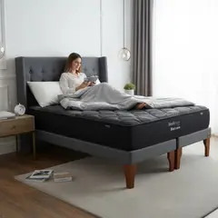BLOCCARE - Cama 2 Plaza Box 13cm - L200cm + Colchon Black Prime - Modelo Uno+ Respaldo /Con Pata 19.5cm (Gris)