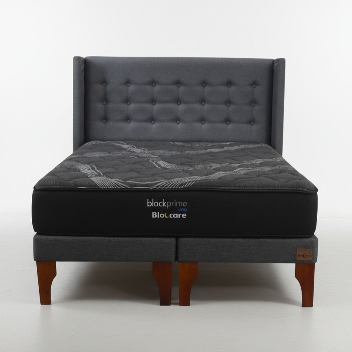 BLOCCARE - Cama 2 Plaza Box 13cm - L200cm + Colchon Black Prime - Modelo Uno+ Respaldo /Con Pata 24cm  (Gris)