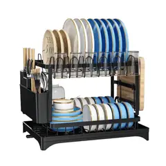 GENERICO - Secador Escurridor de Loza 2 Niveles Metal Negro - Gran Capacidad y Diseño Moderno