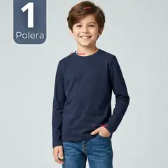 UTILISIMO - Polera Camiseta Bambú Azul Oscuro Cuello Redondo Primera Capa Manga Larga Niño