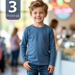 UTILISIMO - Pack 3 Poleras Camisetas Bambú Azul Claro Cuello Redondo Primera Capa Manga Larga Niño
