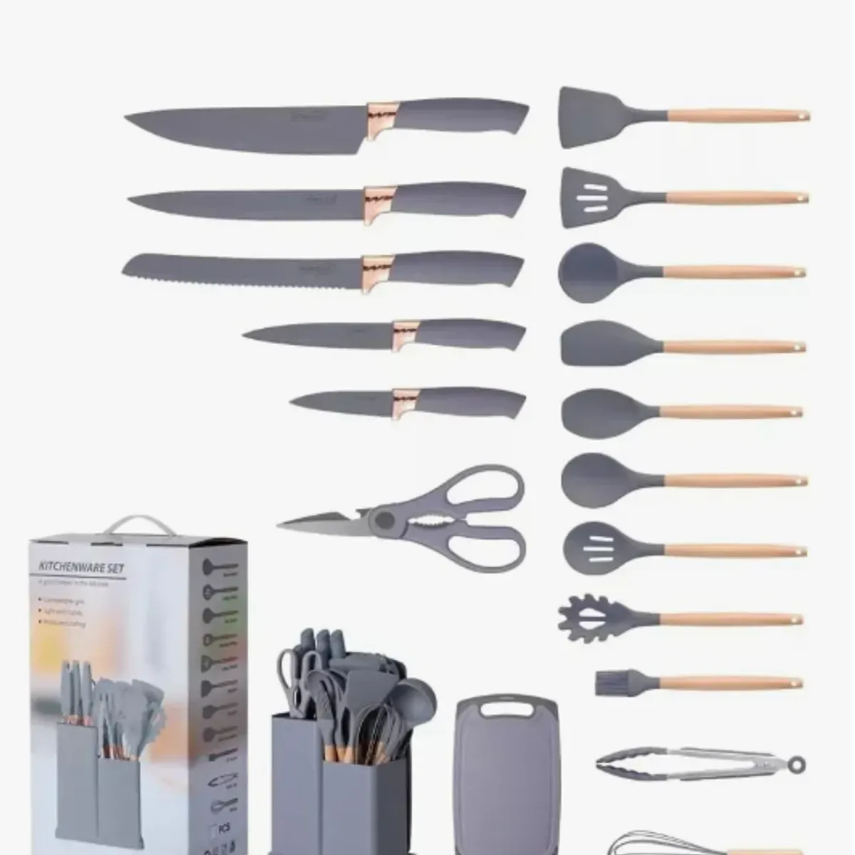 GENERICO - Set Utensilios Cocina Silicona + Set Cuchillos X19 Pcs Color Gris