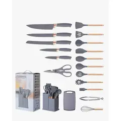 GENERICO - Set Utensilios Cocina Silicona + Set Cuchillos X19 Pcs Color Gris