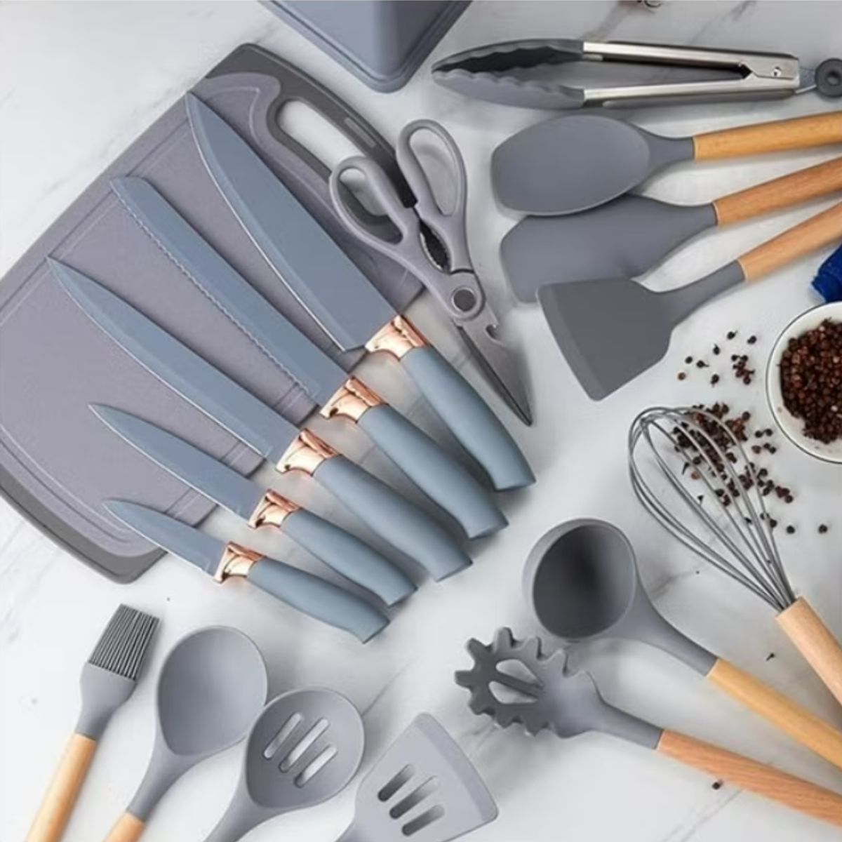 GENERICO - Set Utensilios Cocina Silicona + Set Cuchillos X19 Pcs Color Gris