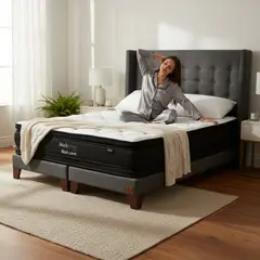 BLOCCARE - Cama 2 Plaza Box 13cm - L200cm +Colchon Black Prime - Modelo Dos +Respaldo/ Con Pata 19.5cm (Gris)