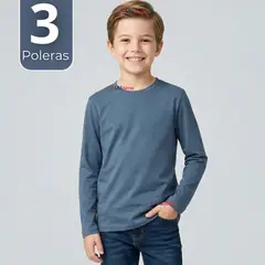 UTILISIMO - Pack 3 Poleras Camisetas Bambú Azul Claro Cuello Redondo Primera Capa Manga Larga Niño