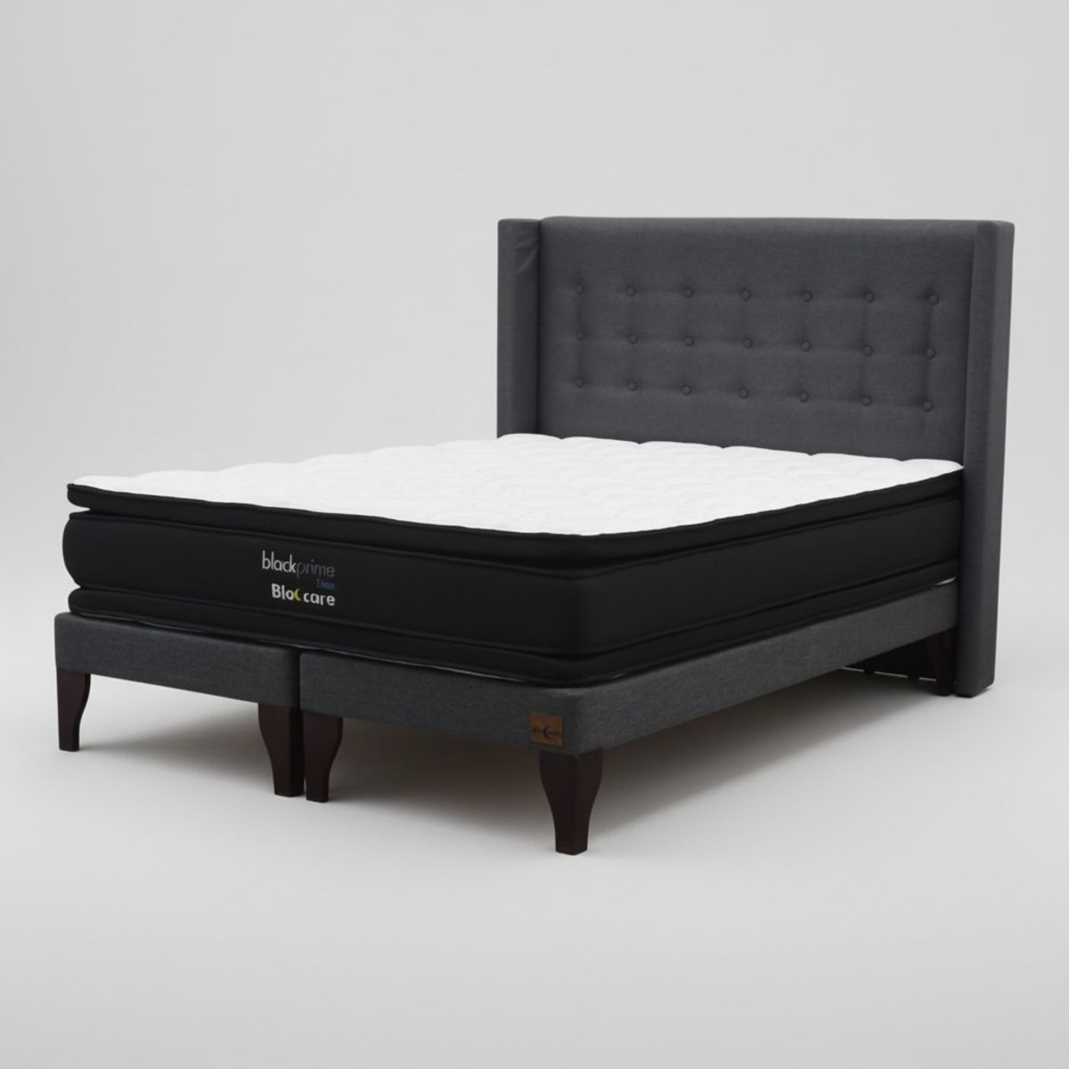 BLOCCARE - Cama King  Box 13cm - L200cm  +Colchon Black Prime - Modelo Dos +Respaldo/ Con Pata 19.5cm (Gris)