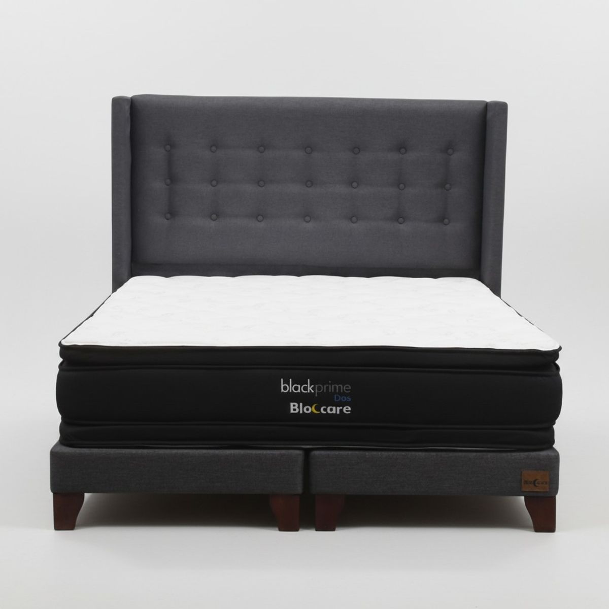 BLOCCARE - Cama Super King  Box 13cm - L200cm  +Colchon Black Prime - Modelo Dos +Respaldo/ Con Pata 11cm (Gris)