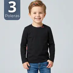 UTILISIMO - Pack 3 Poleras Camisetas Bambú Negra Cuello Redondo Primera Capa Manga Larga Niño