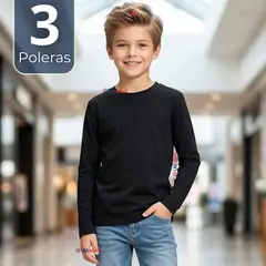 UTILISIMO - Pack 3 Poleras Camisetas Bambú Negra Cuello Redondo Primera Capa Manga Larga Niño