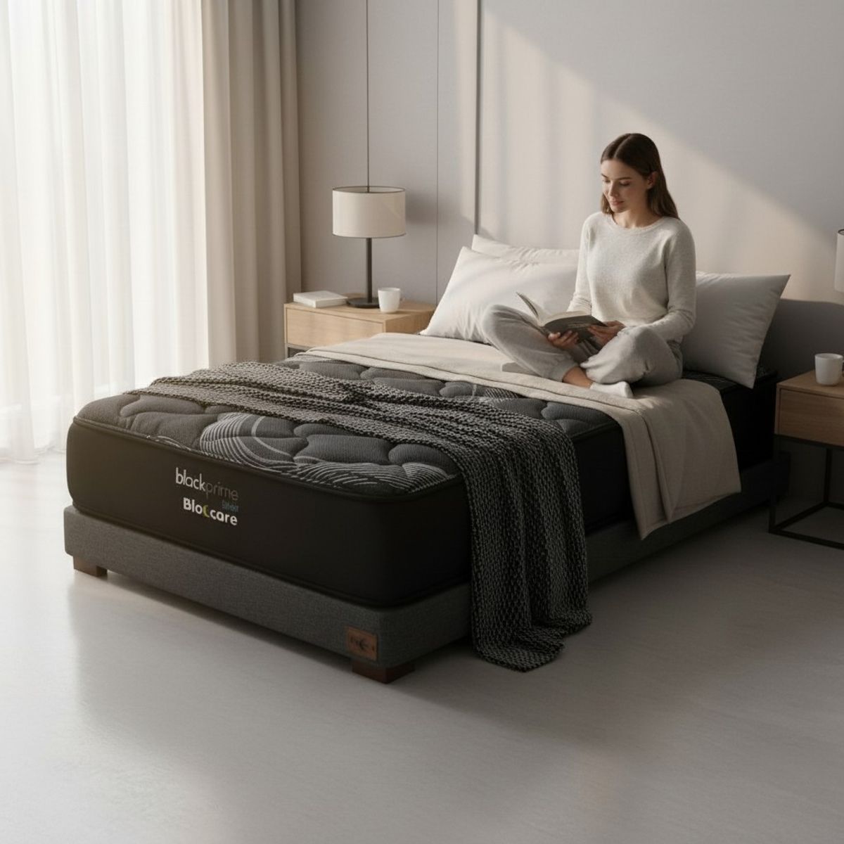 BLOCCARE - Cama 1.5 Plaza Box 13cm - L200cm + Colchon Black Prime - Modelo Uno /Con Pata 19.5 cm (Gris)