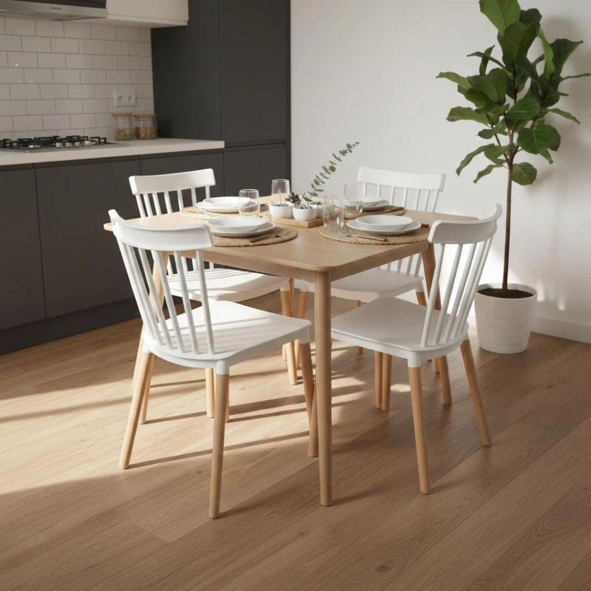 PANDALINO - Comedor Mesa Cosmo Natural 70x70 cm + 4 Sillas Windsor Blanca