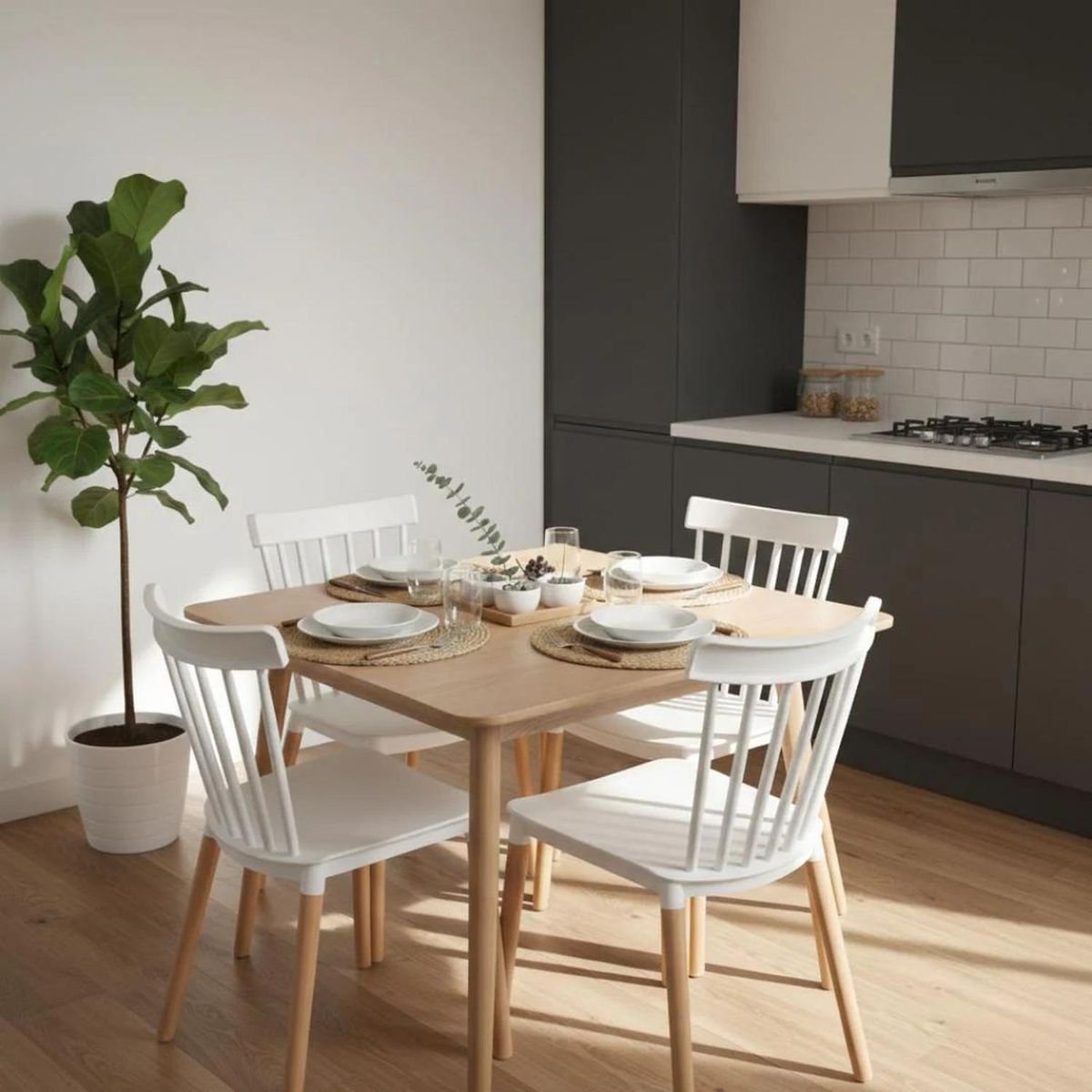 PANDALINO - Comedor Mesa Cosmo Natural 70x70 cm + 4 Sillas Windsor Blanca