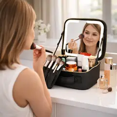 MOVI - Cosmetiquero con Espejo y Luz LED Recargable Organizador de Maquillaje Portátil con Compartimentos