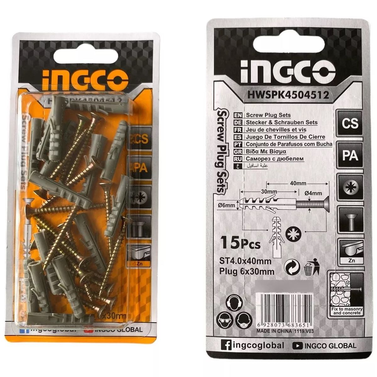 INGCO - Set 15 Tornillos Con Tarugo 4x40mm 15un Ingco HWSPK4504512