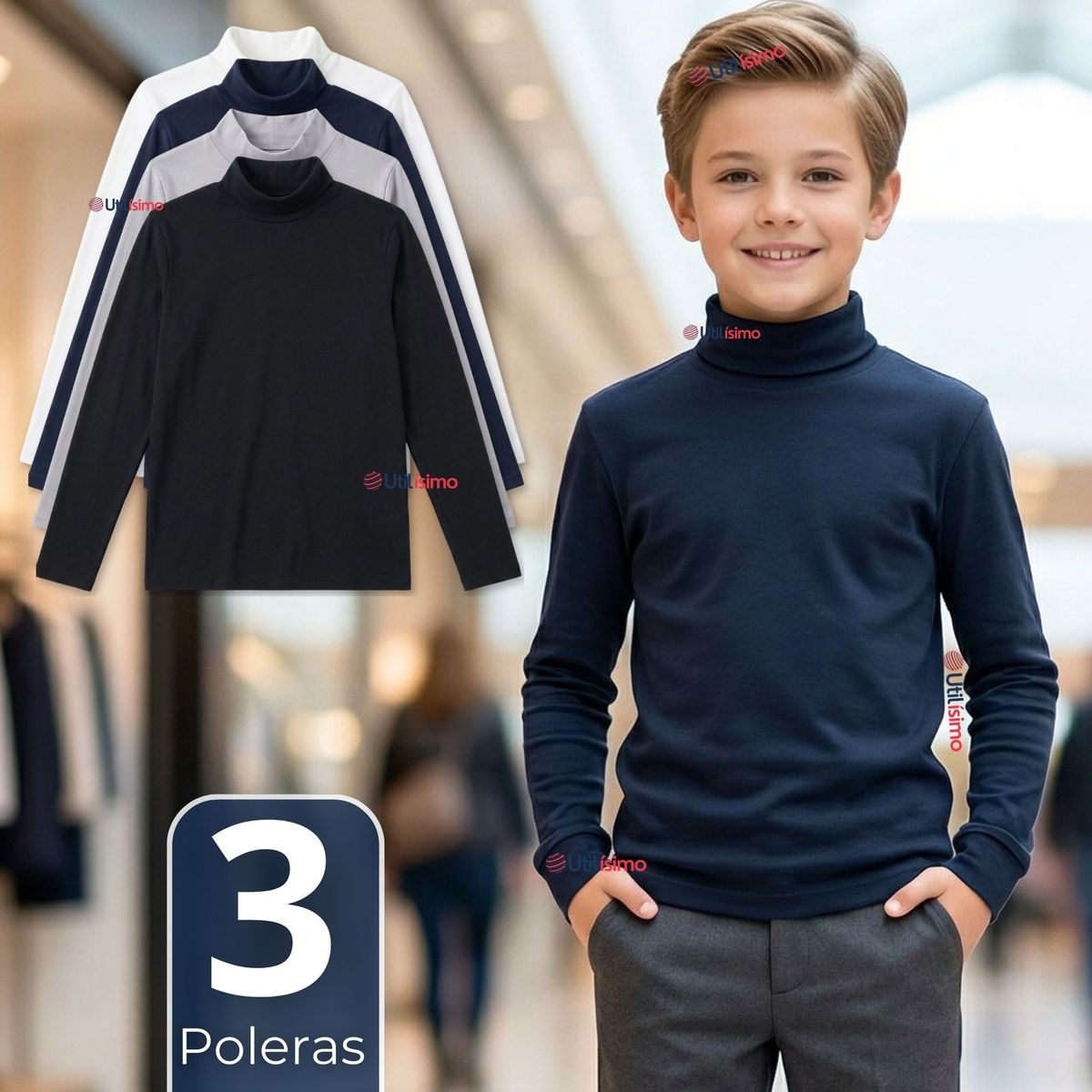 UTILISIMO - Pack 3 Poleras Camisetas Polar Primera Capa Beatle Manga Larga Colores Surtido Niño