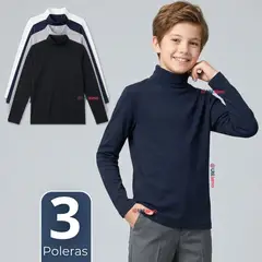 UTILISIMO - Pack 3 Poleras Camisetas Polar Primera Capa Beatle Manga Larga Colores Surtido Niño