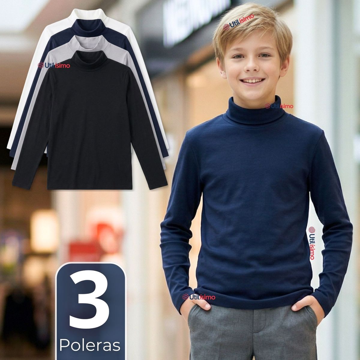 UTILISIMO - Pack 3 Poleras Camisetas Polar Primera Capa Beatle Manga Larga Colores Surtido Niño