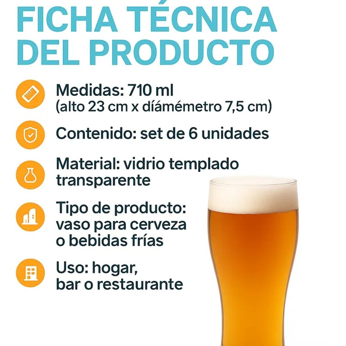 GENERICO - Set 6 Vasos Cerveceros Vidrio Resistente Vasos Vidrio 710ml Vaso Vidrio
