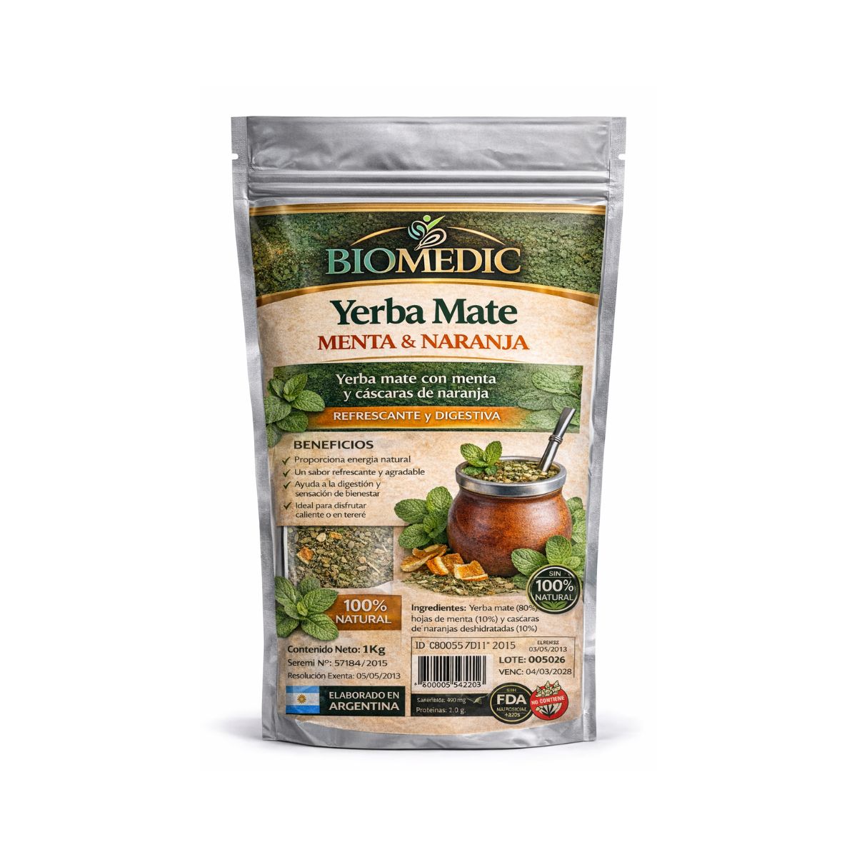PLAYADITO - Yerba Mate Sabor Menta y Naranja  Natural 1kg