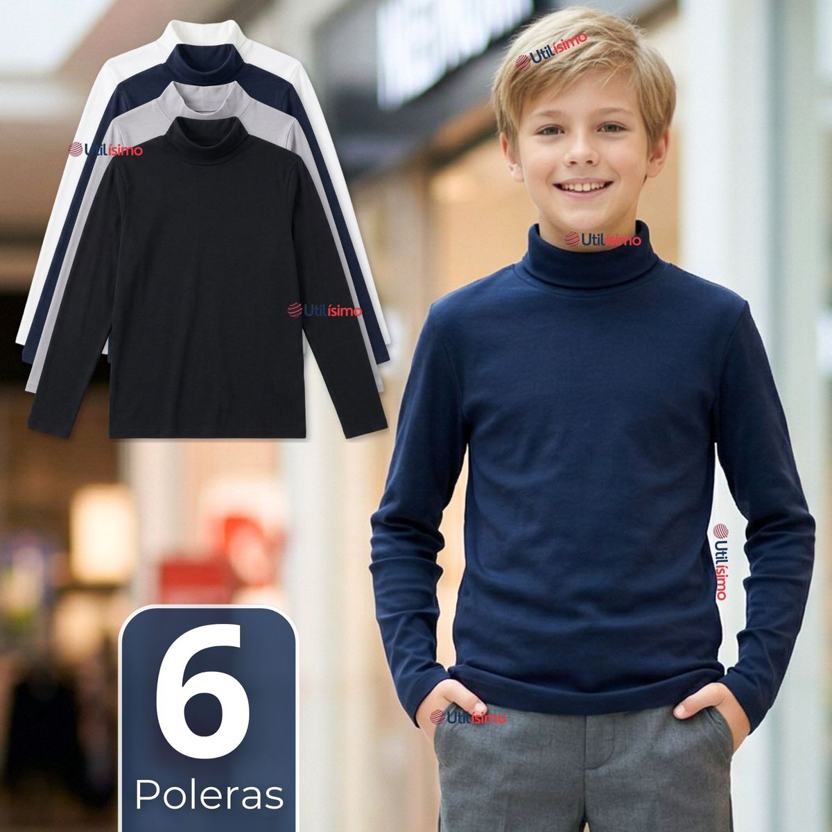 UTILISIMO - Pack 6 Poleras Camisetas Polar Primera Capa Beatle Manga Larga Colores Surtido Niño