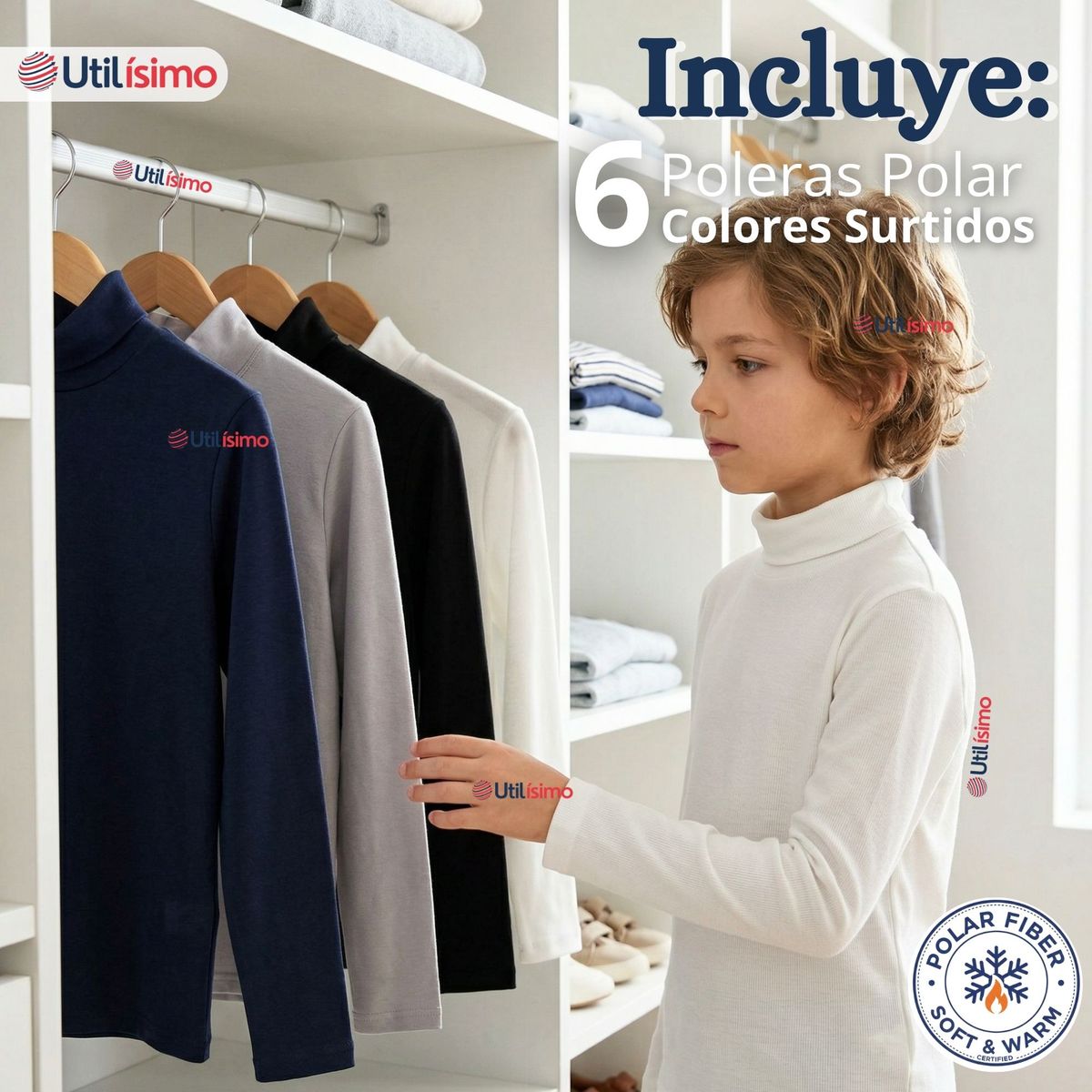 UTILISIMO - Pack 6 Poleras Camisetas Polar Primera Capa Beatle Manga Larga Colores Surtido Niño