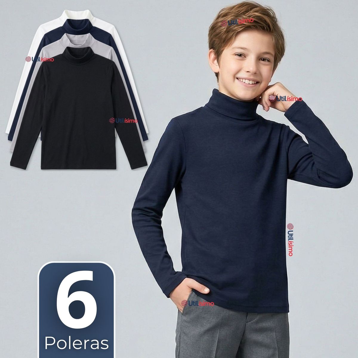 UTILISIMO - Pack 6 Poleras Camisetas Polar Primera Capa Beatle Manga Larga Colores Surtido Niño