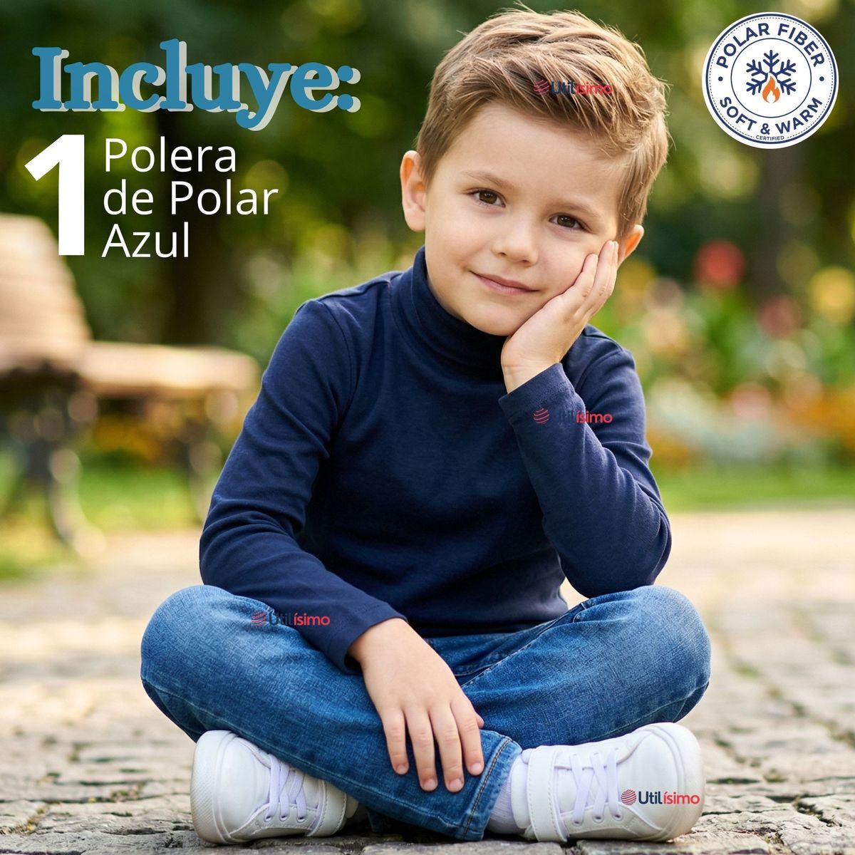 UTILISIMO - Polera Camiseta Polar Azul Oscuro Primera Capa Beatle Manga Larga Niño