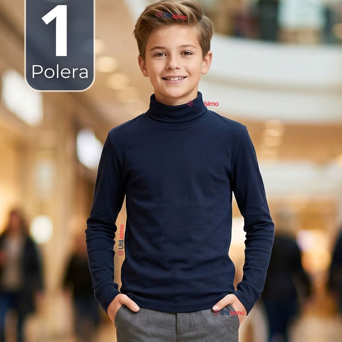 UTILISIMO - Polera Camiseta Polar Azul Oscuro Primera Capa Beatle Manga Larga Niño