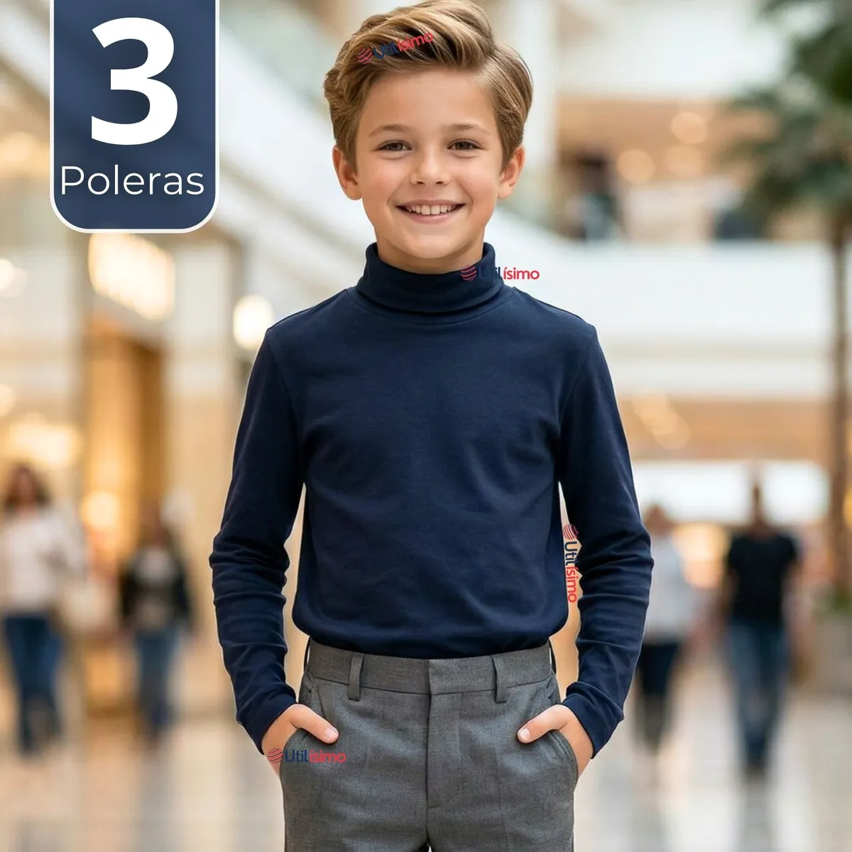 UTILISIMO - Pack 3 Poleras Camisetas Polar Azul Oscuro Primera Capa Beatle Manga Larga Niño