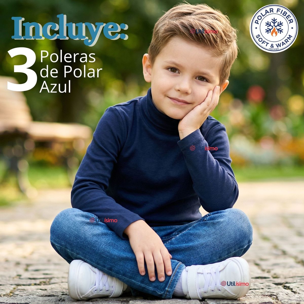 UTILISIMO - Pack 3 Poleras Camisetas Polar Azul Oscuro Primera Capa Beatle Manga Larga Niño