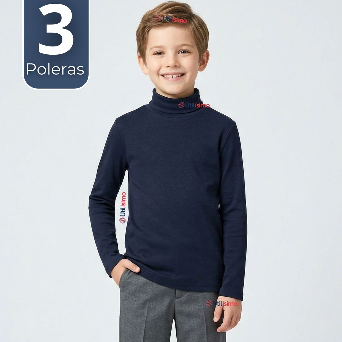 UTILISIMO - Pack 3 Poleras Camisetas Polar Azul Oscuro Primera Capa Beatle Manga Larga Niño