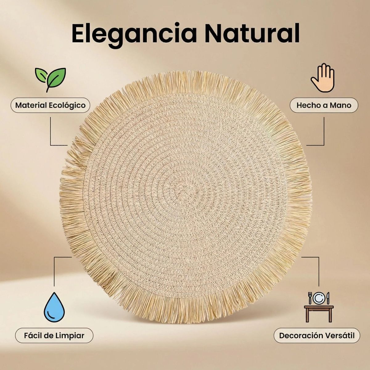 IDEEHOUSE - Set 6 Individuales Manteles Natural 38 Cm Pack 6 Colores Beige Lisa