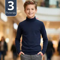 UTILISIMO - Pack 3 Poleras Camisetas Polar Azul Oscuro Primera Capa Beatle Manga Larga Niño