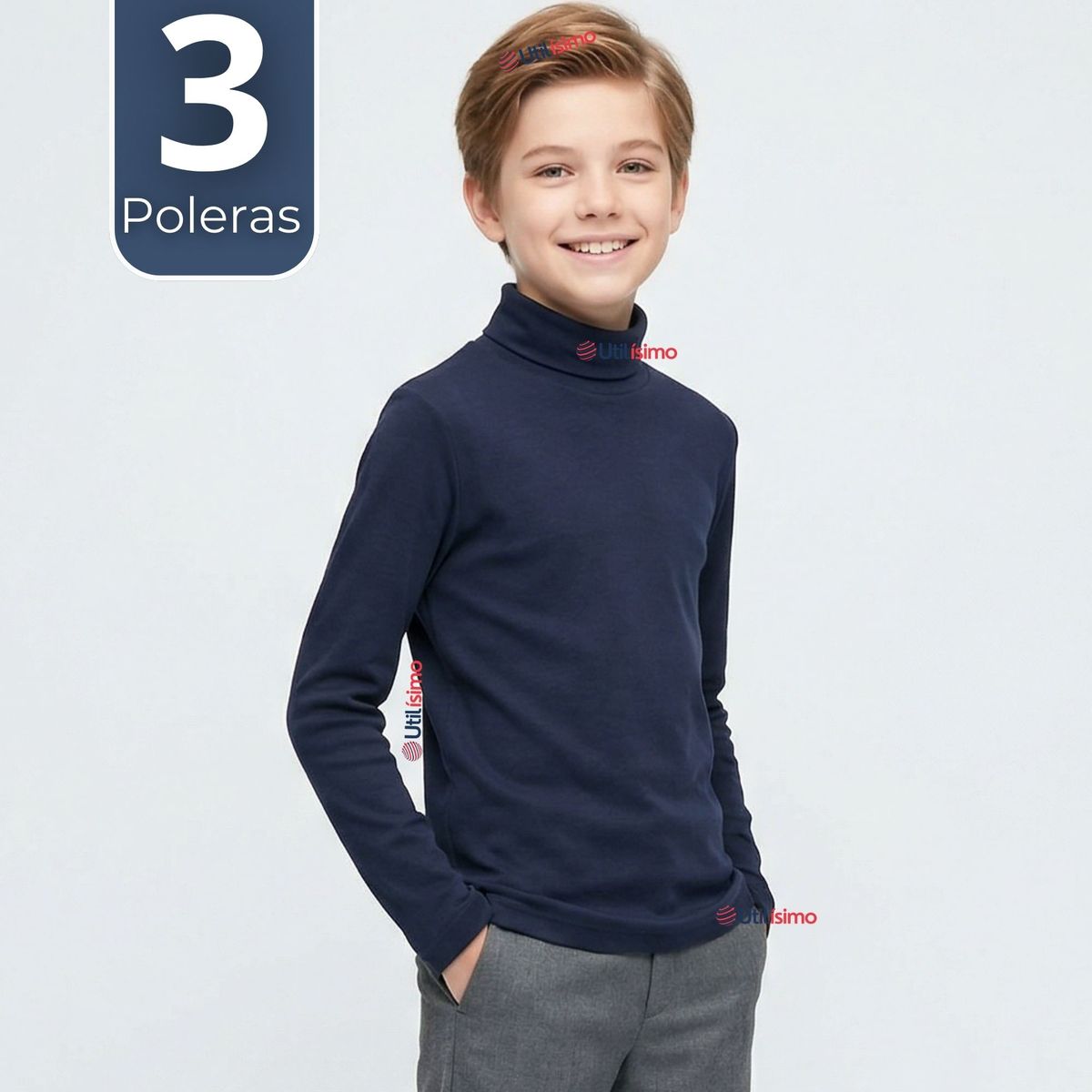 UTILISIMO - Pack 3 Poleras Camisetas Polar Azul Oscuro Primera Capa Beatle Manga Larga Niño