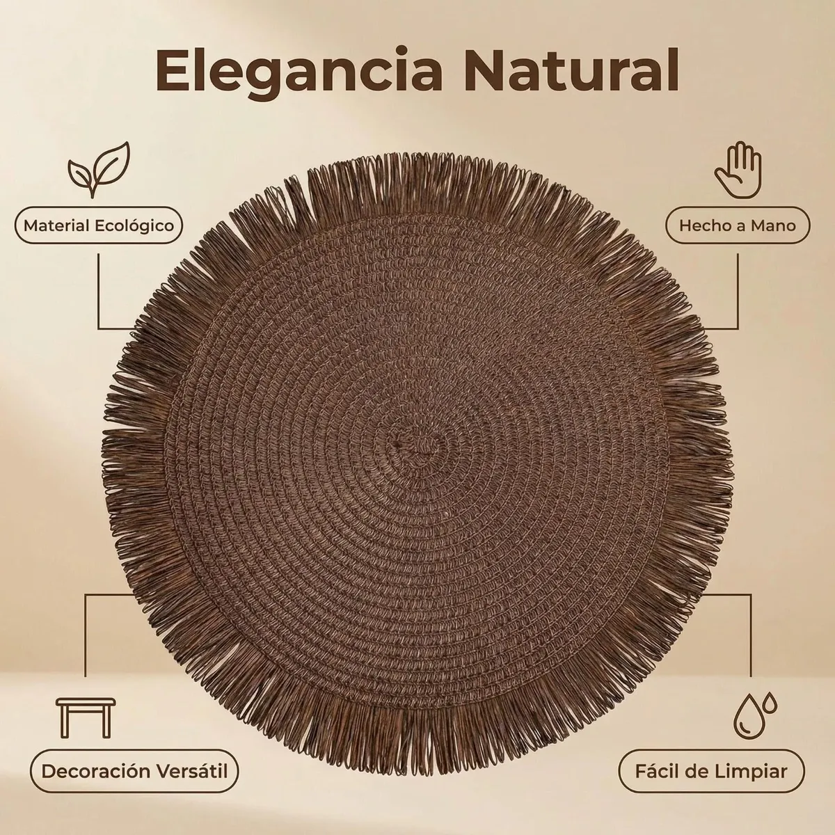 IDEEHOUSE - Set 6 Individuales Manteles Natural 38 Cm Pack 6 Colores Marrón Oscuro Lisa