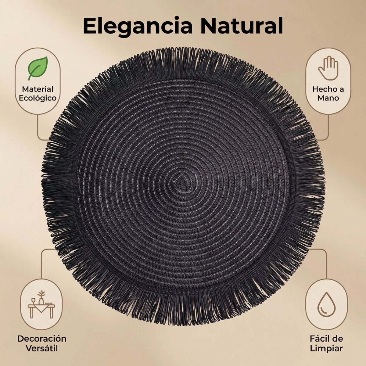 IDEEHOUSE - Set 6 Individuales Manteles Natural 38 Cm Pack 6 Colores Negro Lisa