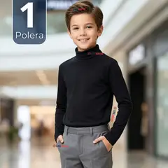 UTILISIMO - Polera Camiseta Polar Negra Primera Capa Beatle Manga Larga Niño