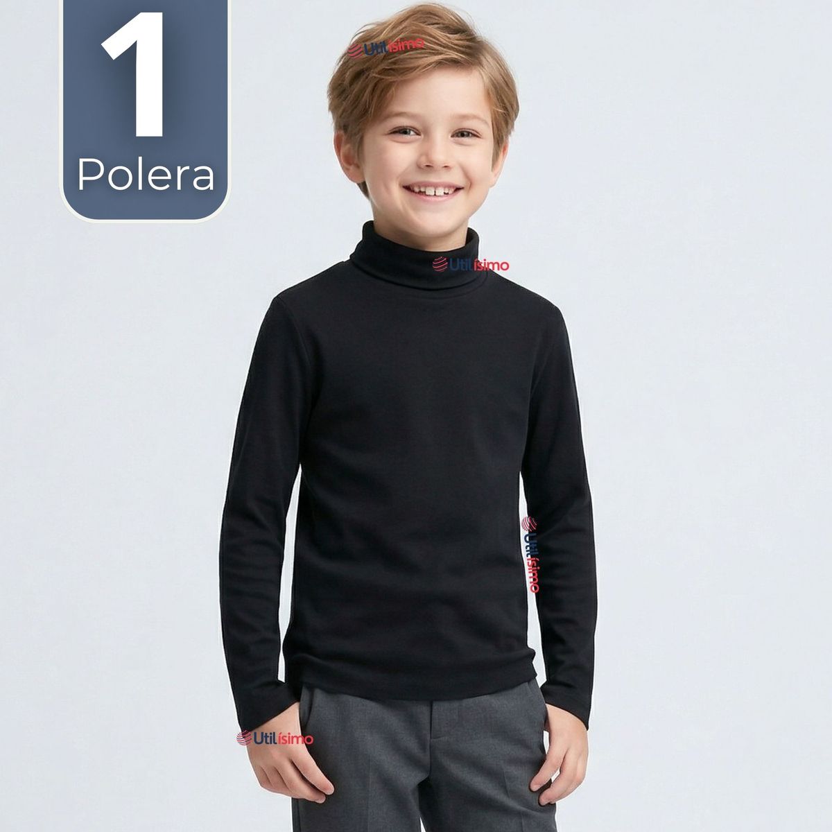 UTILISIMO - Polera Camiseta Polar Negra Primera Capa Beatle Manga Larga Niño