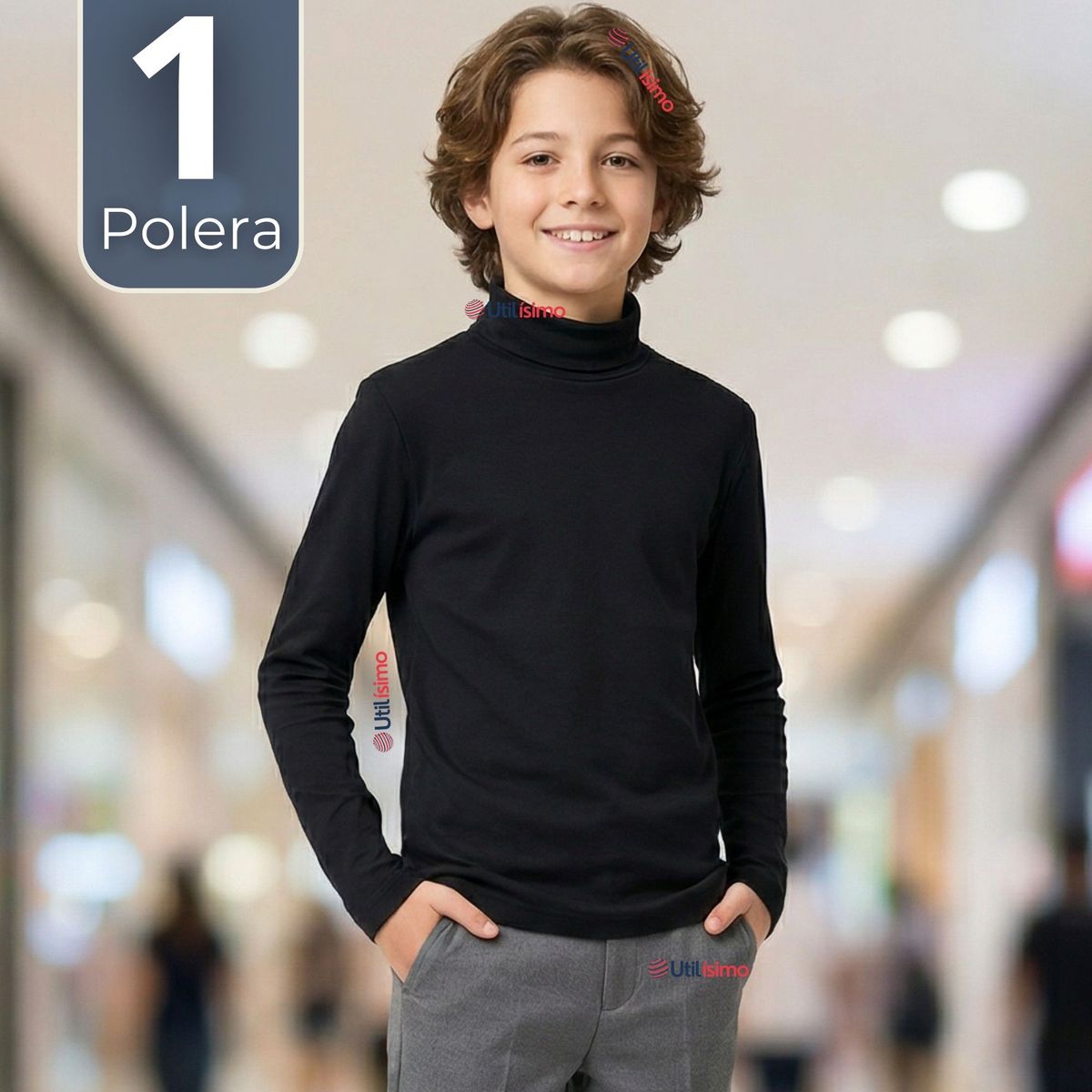 UTILISIMO - Polera Camiseta Polar Negra Primera Capa Beatle Manga Larga Niño