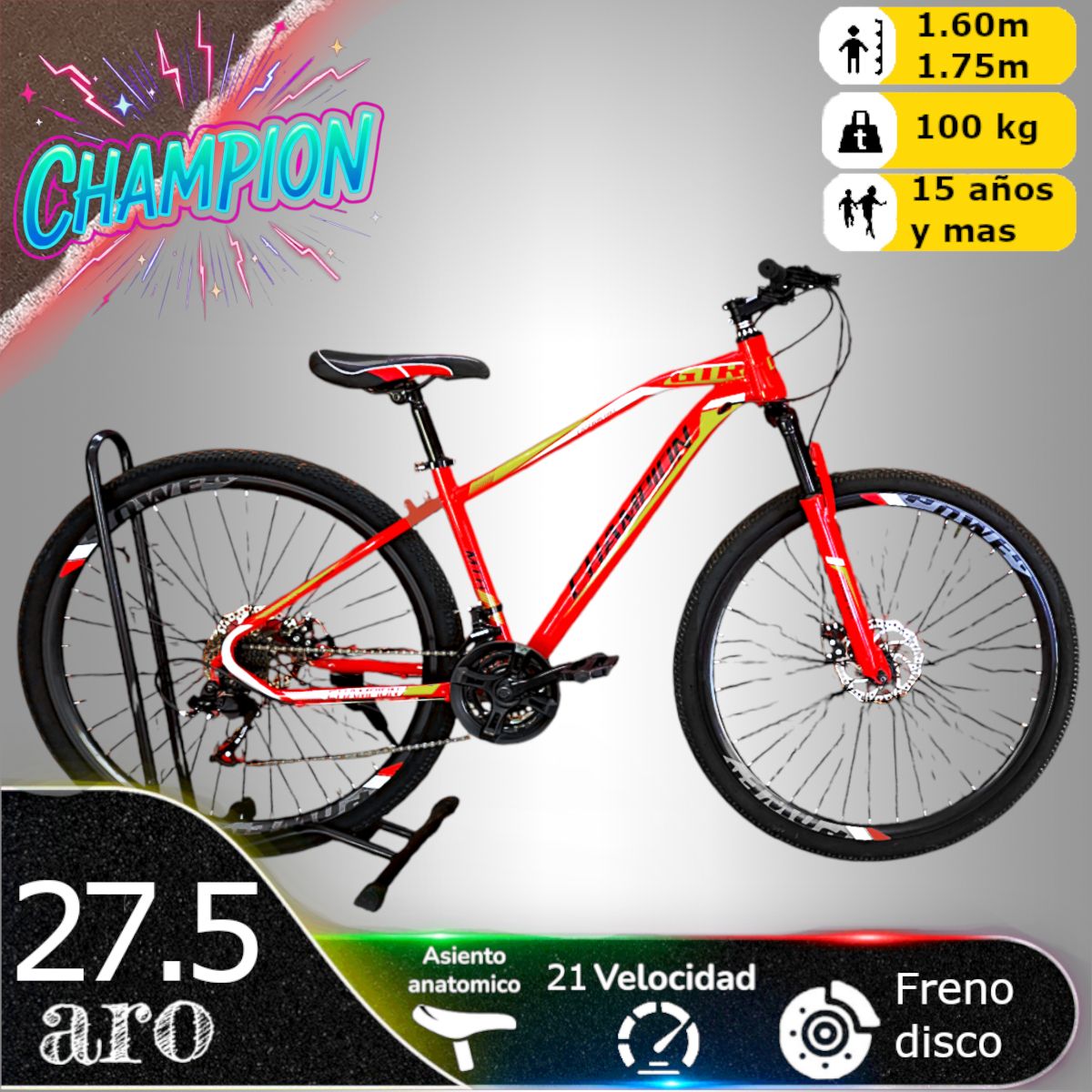CHAMPION - Bicicleta Aro 27.5 Champion 21 veloc y Freno Disco ROJO