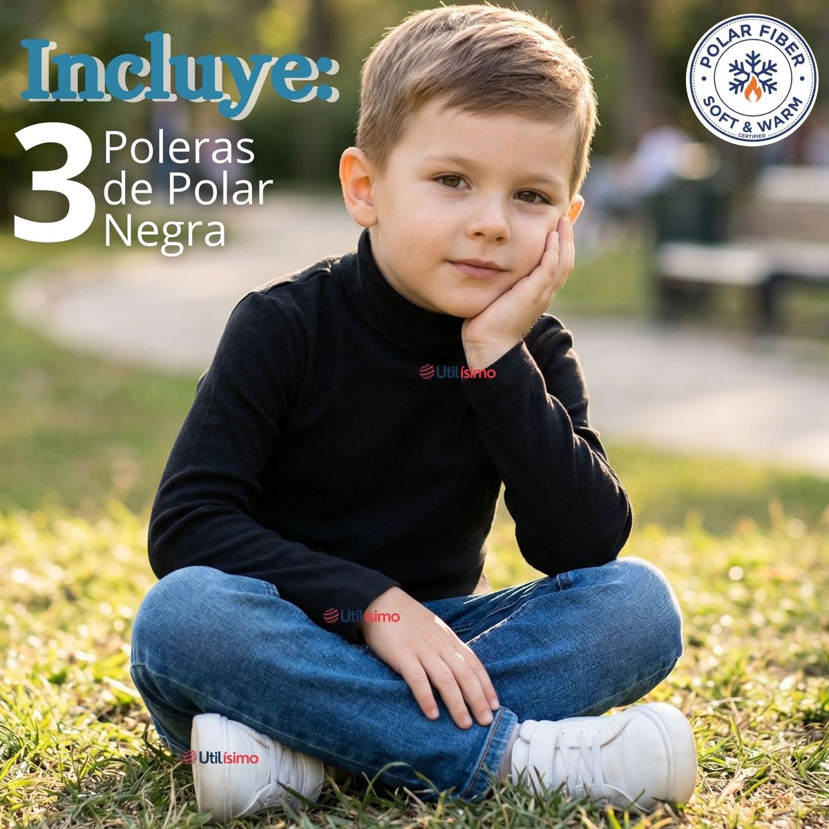 UTILISIMO - Pack 3 Poleras Camisetas Polar Negra Primera Capa Beatle Manga Larga Niño