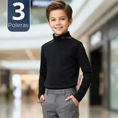 UTILISIMO - Pack 3 Poleras Camisetas Polar Negra Primera Capa Beatle Manga Larga Niño