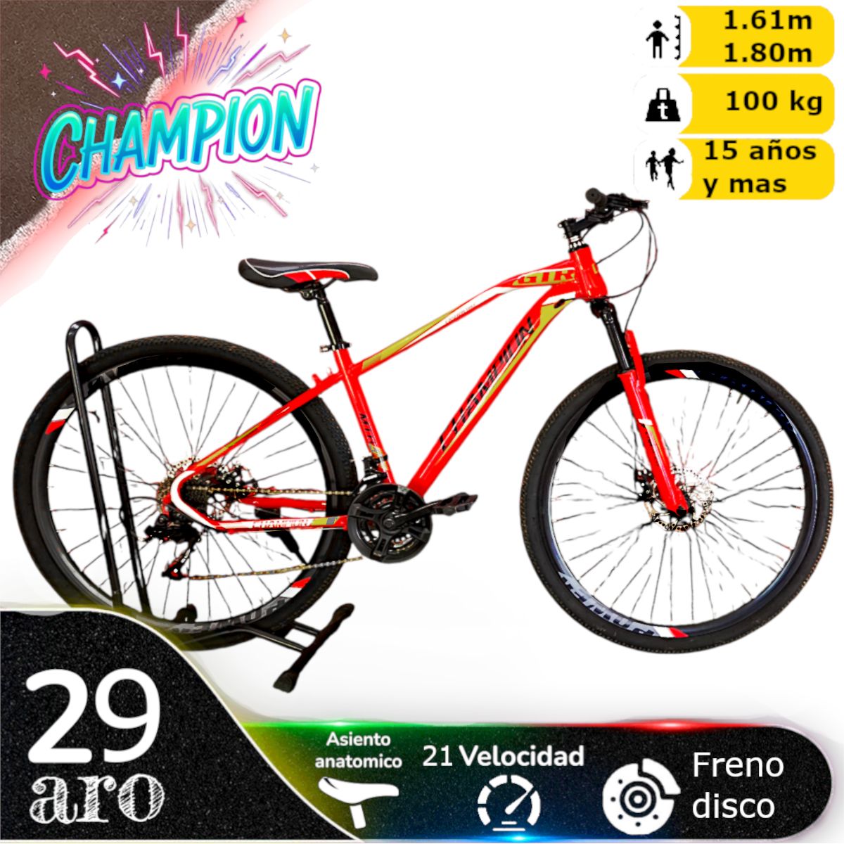 CHAMPION - Bicicleta Aro 29 Champion 21 veloc y Freno Disco ROJO