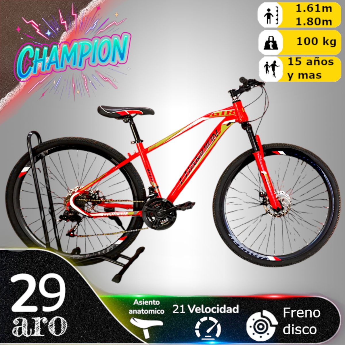 CHAMPION - Bicicleta Aro 29 Champion 21 veloc y Freno Disco ROJO
