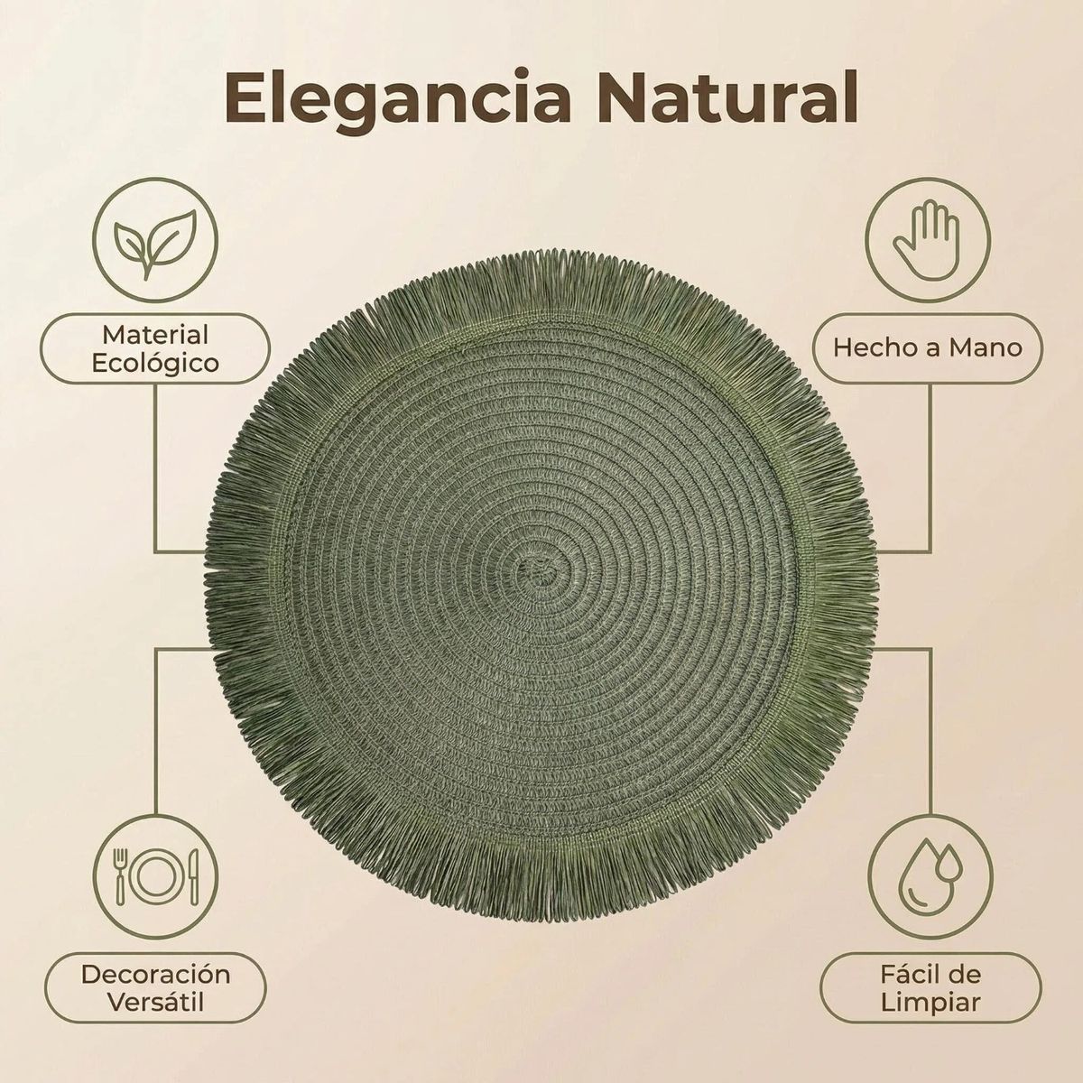 IDEEHOUSE - Set 6 Individuales Manteles Natural 38 Cm Pack 6 Colores Verde Lisa